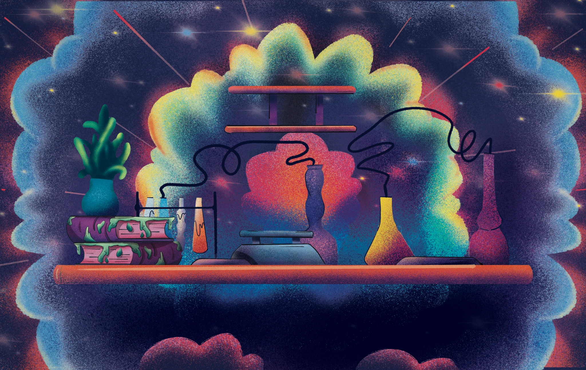 A colorful illustrated laboratory with shelves, books, glassware, and swirling clouds.