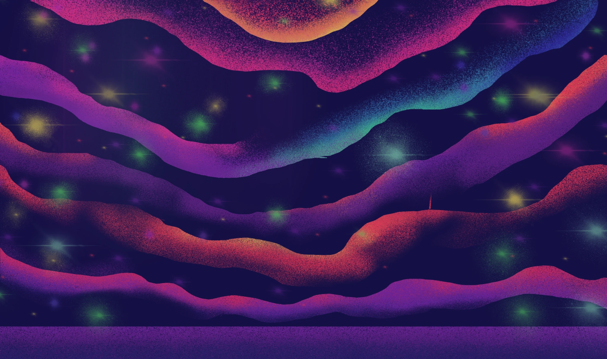 A colorful illustrated studio with flowing purple clouds and glowing stars.