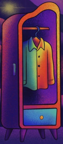 An illustrated wardrobe with a colorful shirt.